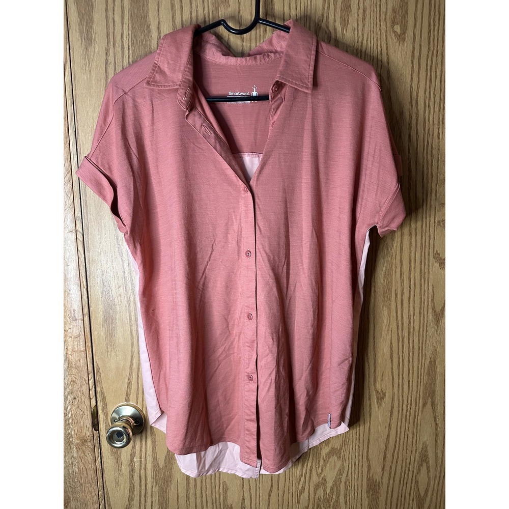 Smartwool Womens Merino Wool Blend Short Sleeve Button Down Shirt Pink Medium
